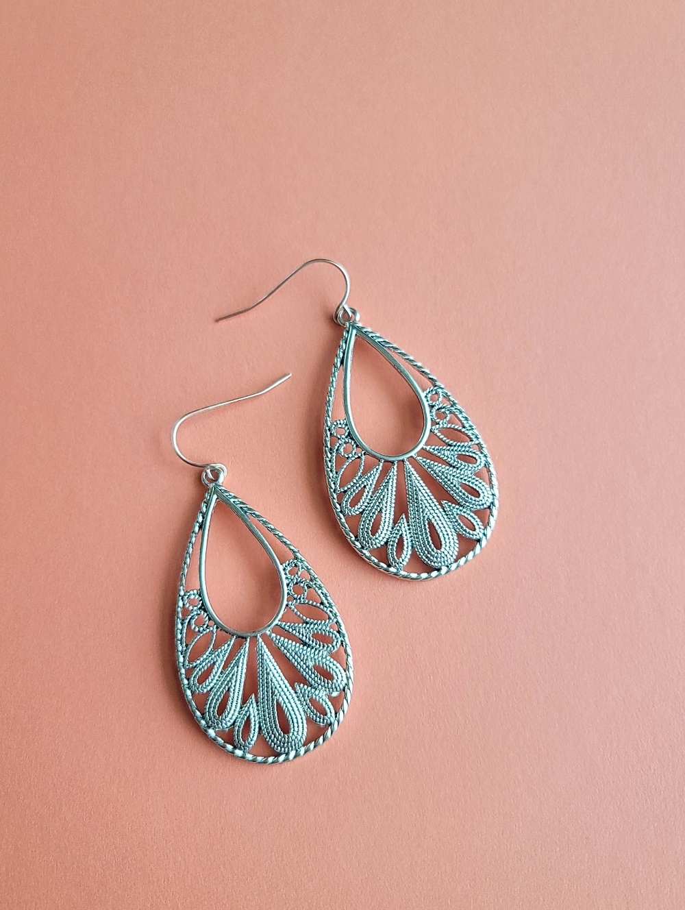 Large Teardrop Filigree Dangle Earrings, Silver Tone